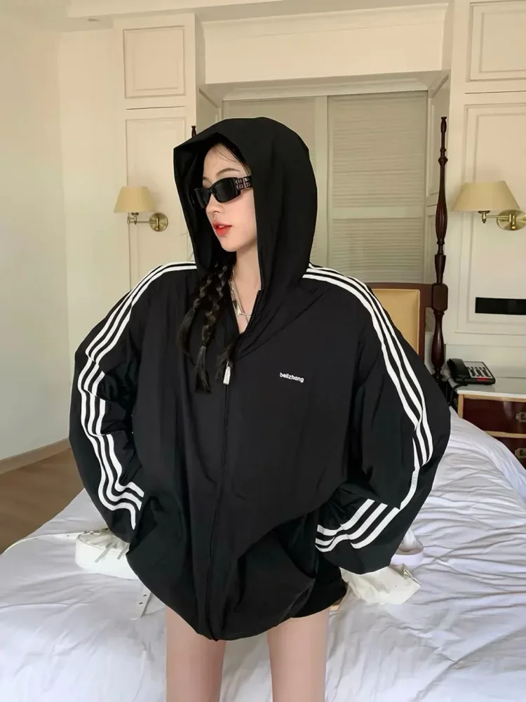 CHICMORE Jaket gaya longgar untuk wanita muda warna solid dengan kerah hooded
