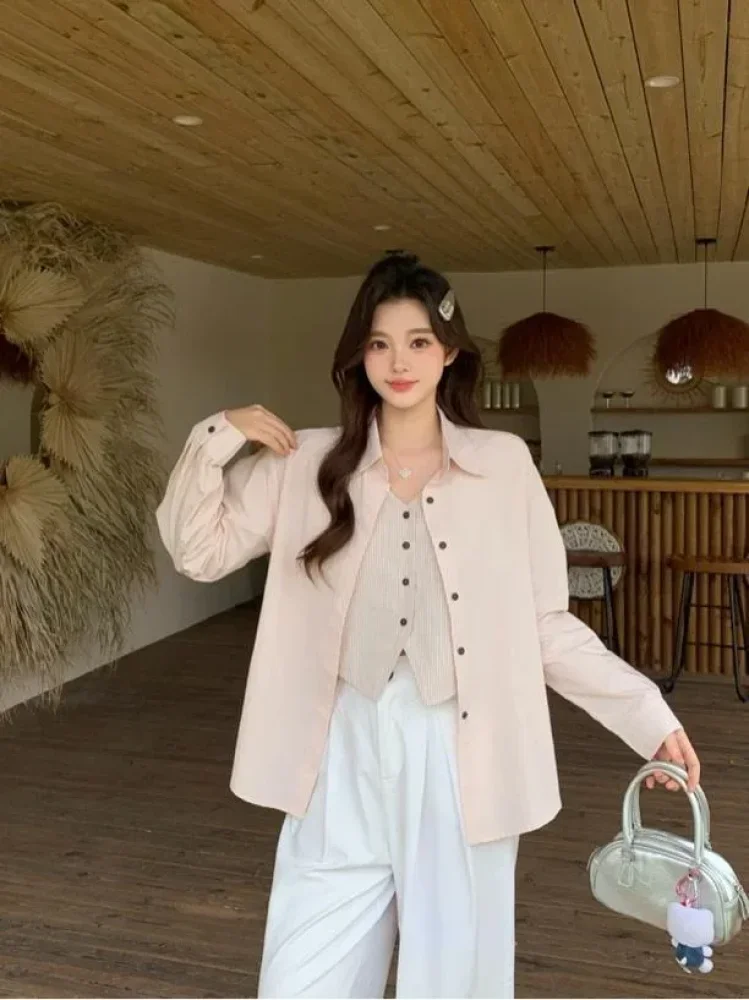 CHICMORE Atasan wanita kemeja lengan panjang model longgar terbaru warna solid