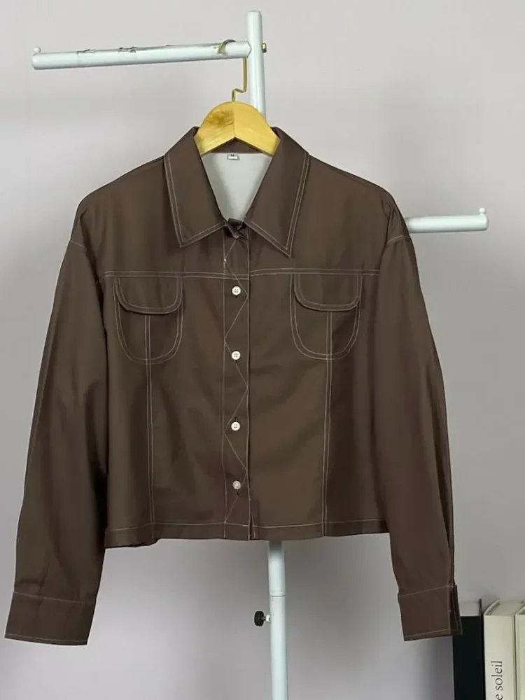 ASAYA Kemeja kasual polos, desain jahitan tekanan, kerah lengan panjang, dilengkapi dengan saku dan desain pita ruffle, dipadukan dengan set celana panjang polos