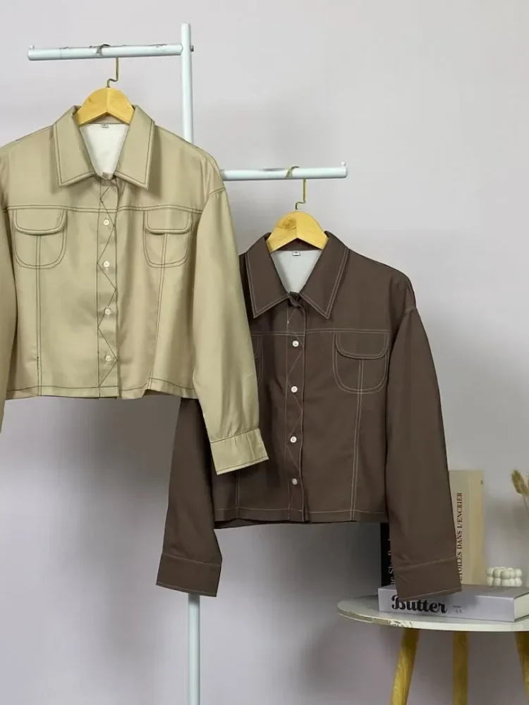 ASAYA Kemeja kasual polos, desain jahitan tekanan, kerah lengan panjang, dilengkapi dengan saku dan desain pita ruffle, dipadukan dengan set celana panjang polos