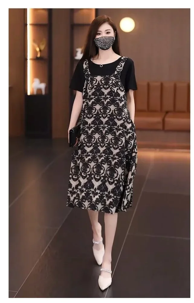 FADFAD Gaun midi lengan pendek motif printed kekinian