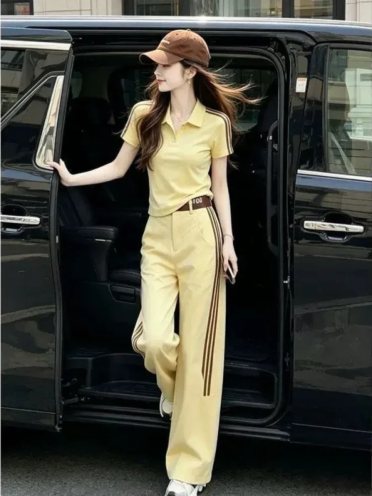 FADFAD Setelan wanita dua potong atasan blouse polo lengan pendek dan celana pendek minimalis