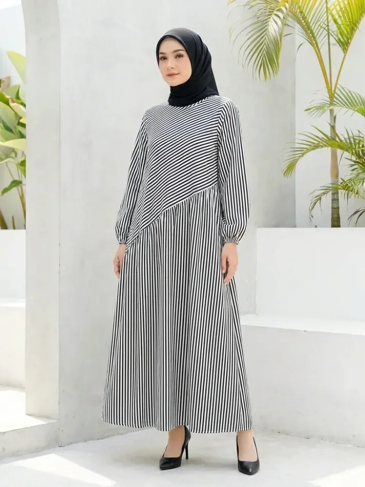 ASAYA Gaun dengan lengan panjang motif cantik gaya manis
