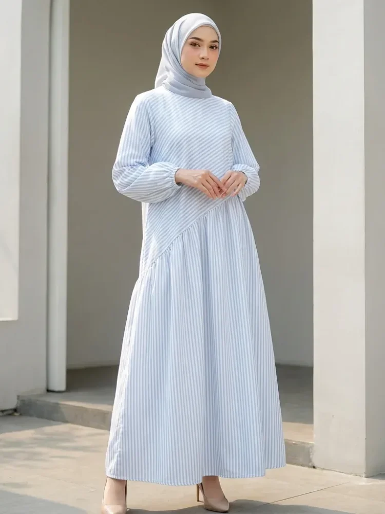 ASAYA Gaun dengan lengan panjang motif cantik gaya manis