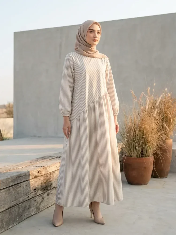 ASAYA Gaun dengan lengan panjang motif cantik gaya manis