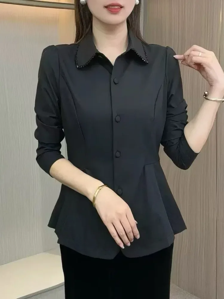 FADFAD Atasan kemeja lengan panjang dengan model retro untuk wanita