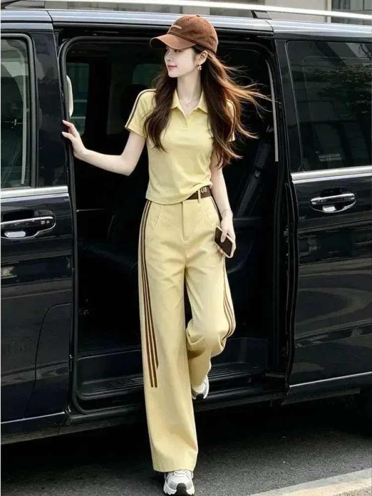 FADFAD Setelan wanita dua potong atasan blouse polo lengan pendek dan celana pendek minimalis