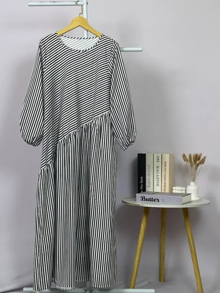ASAYA Gaun dengan lengan panjang motif cantik gaya manis
