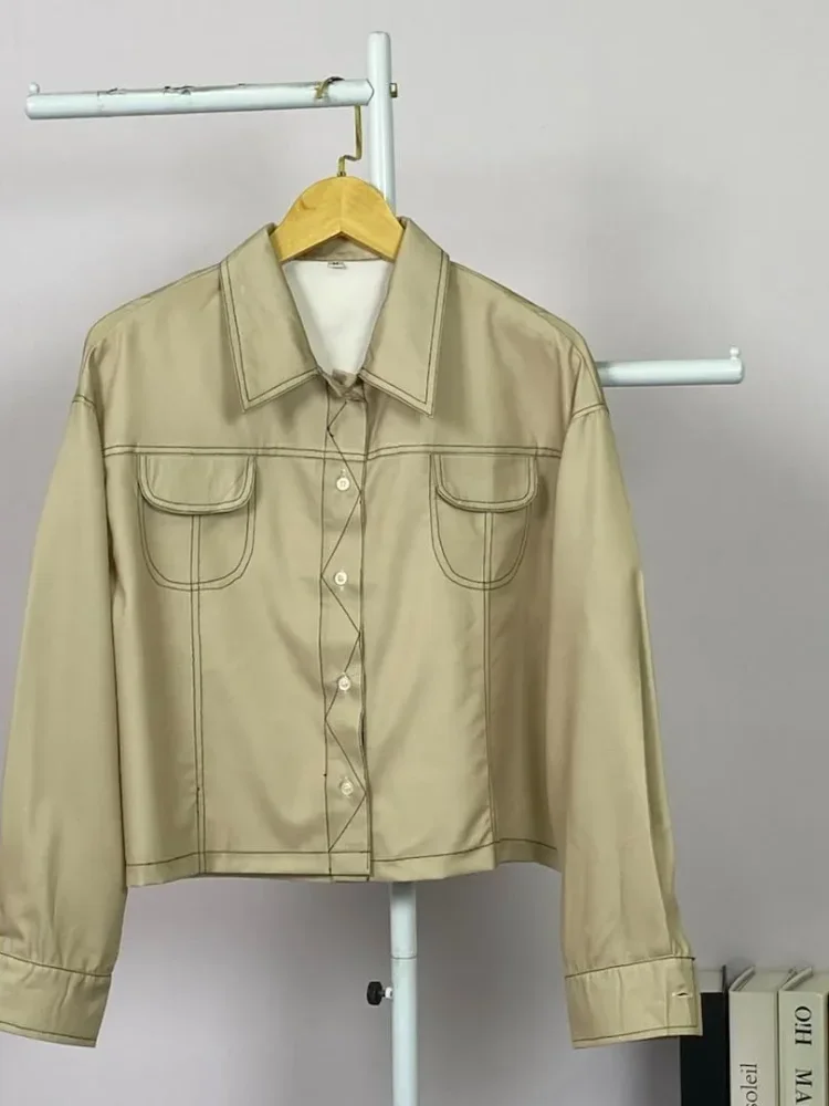 ASAYA Kemeja kasual polos, desain jahitan tekanan, kerah lengan panjang, dilengkapi dengan saku dan desain pita ruffle, dipadukan dengan set celana panjang polos