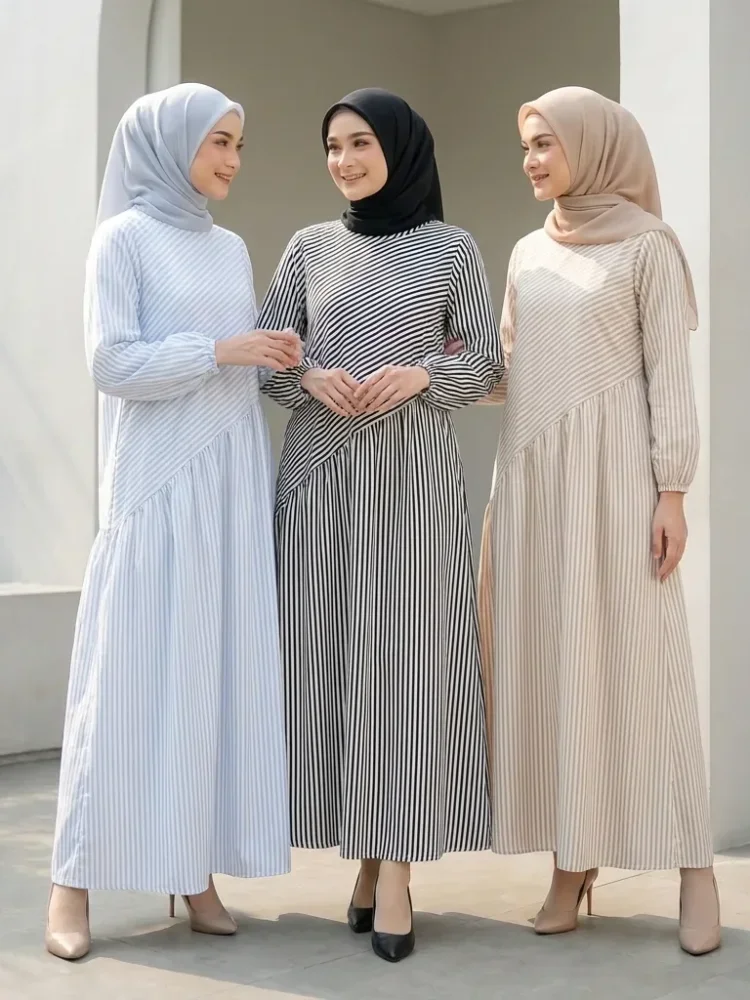 ASAYA Gaun dengan lengan panjang motif cantik gaya manis