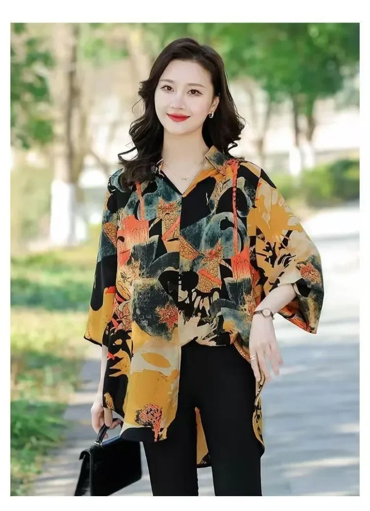 ASAYA Kemeja motif cetak berkerah dengan gaya santai untuk wanita