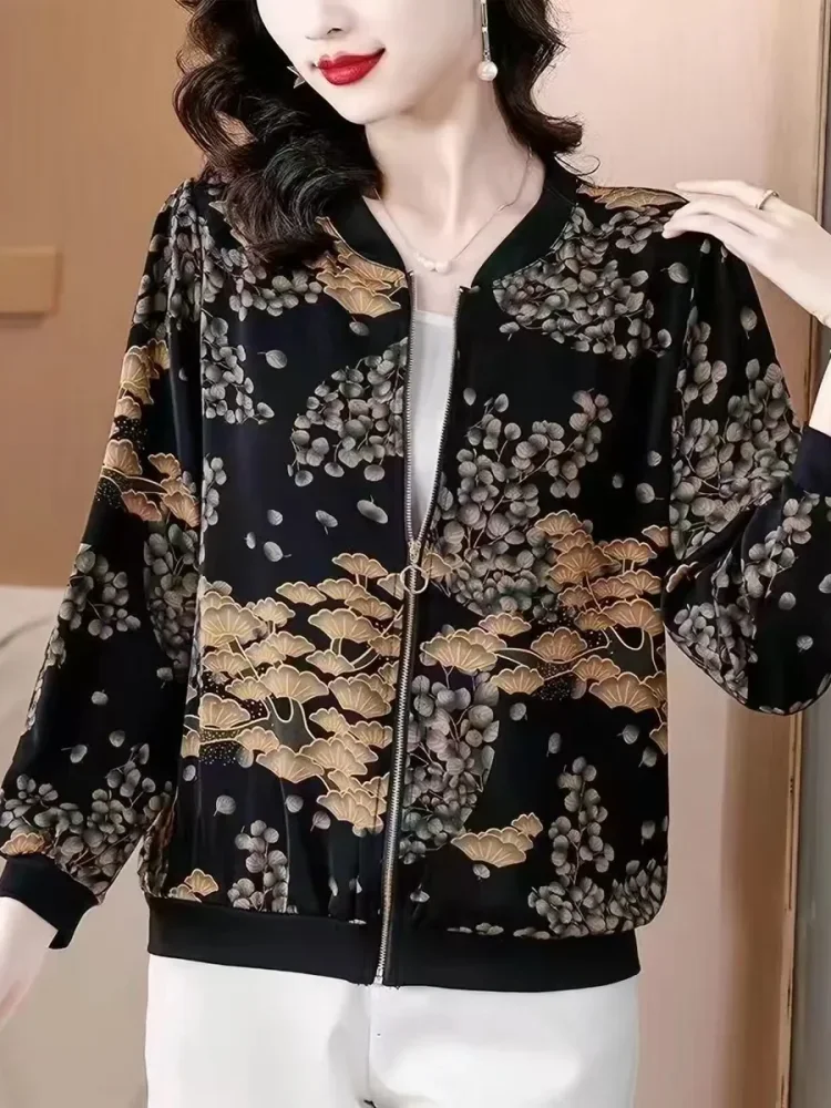 FADFAD Atasan wanita lengan panjang dengan zipper motif cetak gaya casual