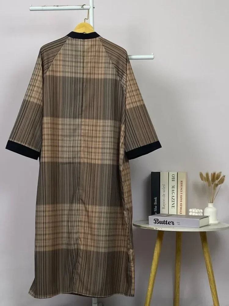 ASAYA Gamis wanita elegan motif garis kotak biru abu modern kekinian