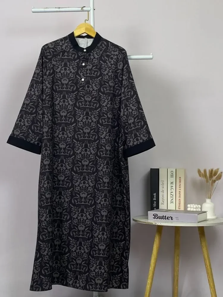ASAYA Gamis wanita elegan motif garis kotak biru abu modern kekinian