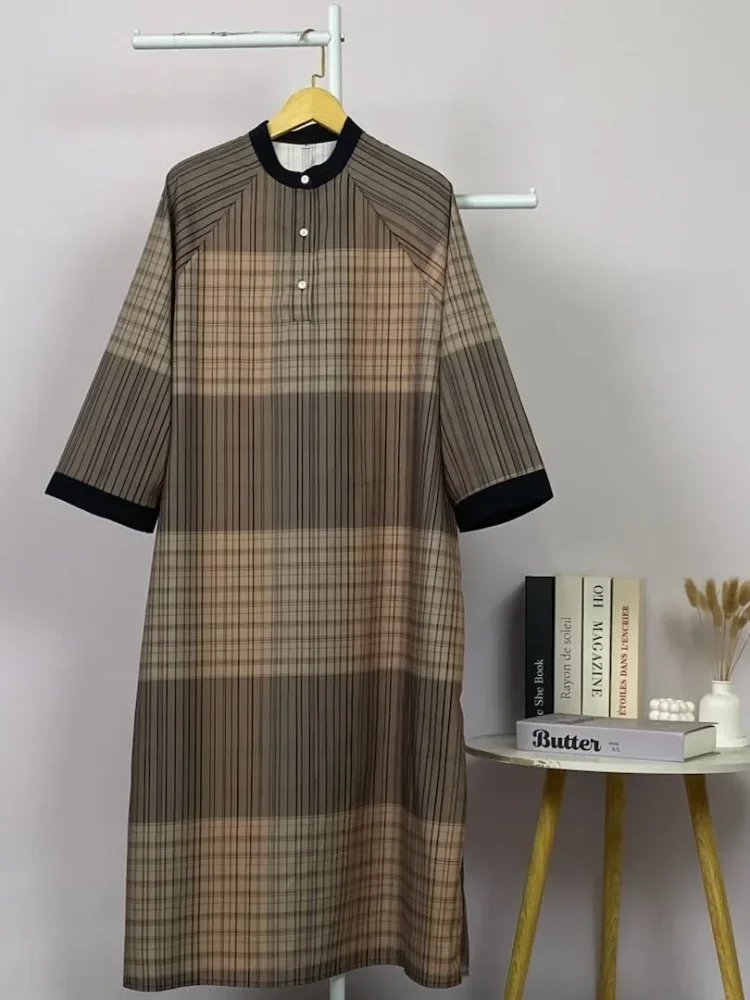 ASAYA Gamis wanita elegan motif garis kotak biru abu modern kekinian