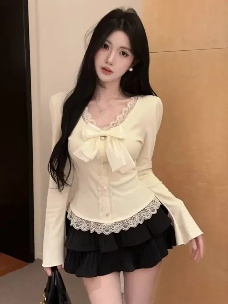 CHICMORE Atasan blouse pinggang ramping lengan panjang kerah v neck korean style