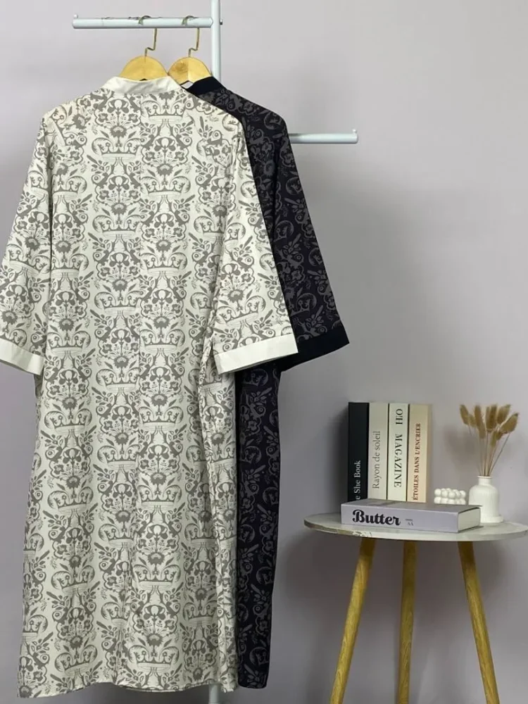 ASAYA Gamis wanita elegan motif garis kotak biru abu modern kekinian