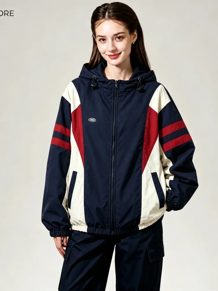 CHICMORE Jaket kasual berhoodie desain kontras warna oversized