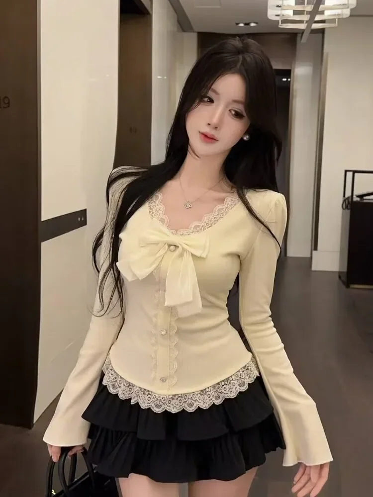 CHICMORE Atasan blouse pinggang ramping lengan panjang kerah v neck korean style