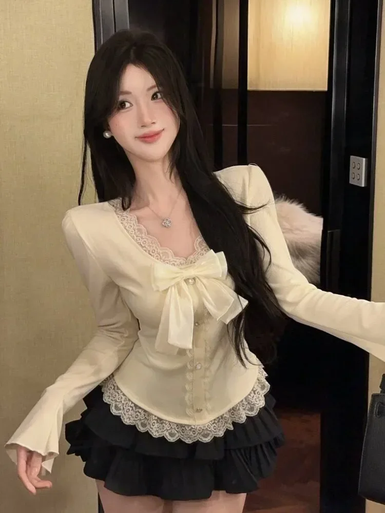 CHICMORE Atasan blouse pinggang ramping lengan panjang kerah v neck korean style