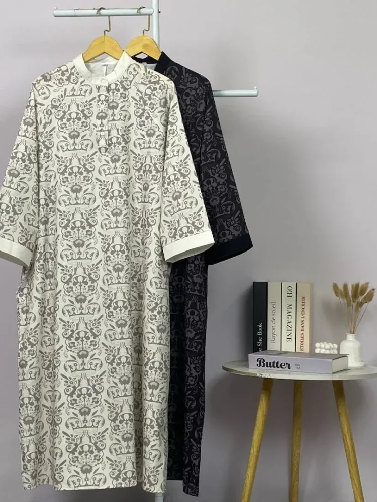 ASAYA Gamis wanita elegan motif garis kotak biru abu modern kekinian