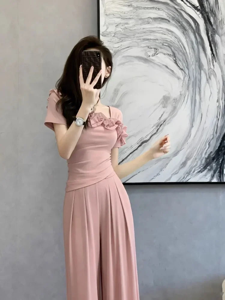 FADFAD Setelan dua potong dengan atasan lengan pendek dan celana gaya kekinian baru untuk wanita