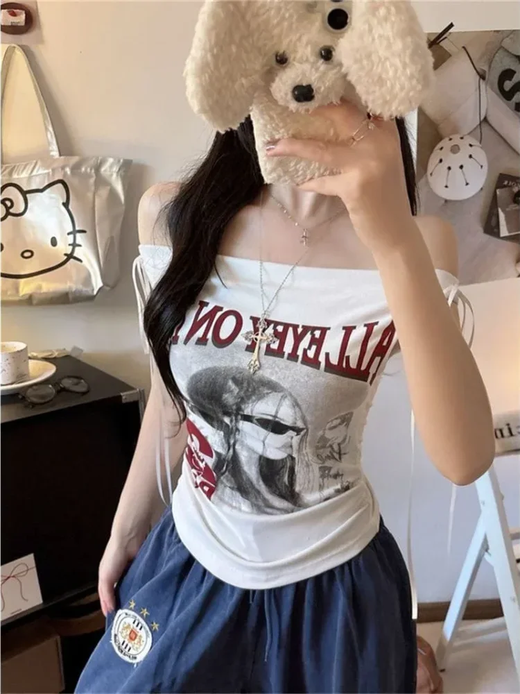 ASAYA Atasan kaos wanita gaya off-shoulder dengan motif cetak