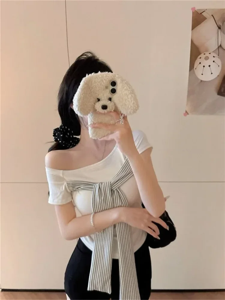 ASAYA Atasan lengan pendek dengan potongan aksen tali pita bermotif garis-garis bahu terbuka gaya kekinian untuk wanita