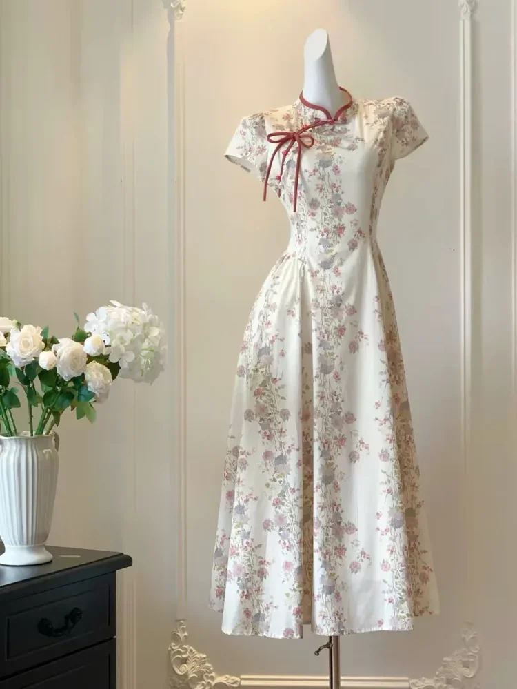 CHICMORE Gaun motif cetak anggun bergaya cina mode baru untuk wanita