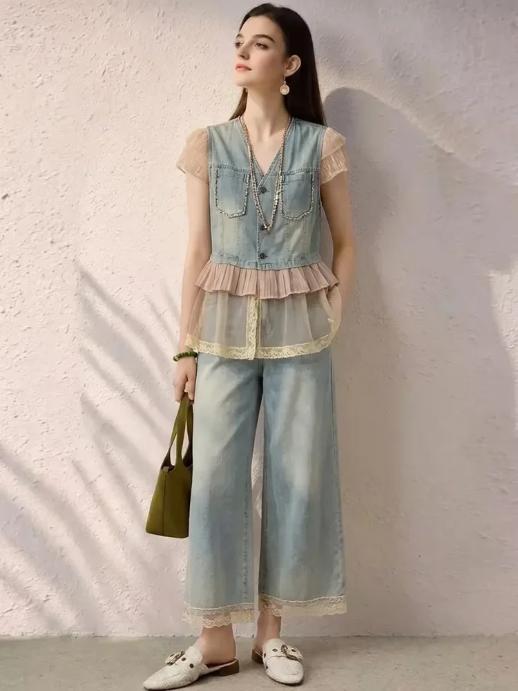 FADFAD Set rompi denim dengan panel renda dan celana berkaki lebar untuk wanita