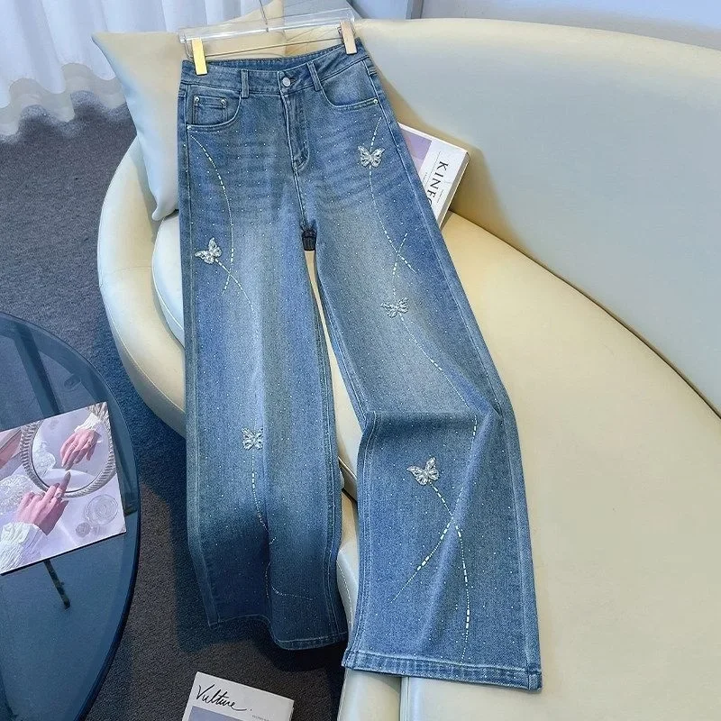 FADFAD Celana jeans wanita berkaki lebar dengan hiasan rhinestone motif kupu-kupu yang rumit