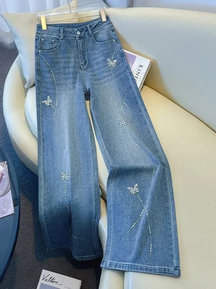 FADFAD Celana jeans wanita berkaki lebar dengan hiasan rhinestone motif kupu-kupu yang rumit