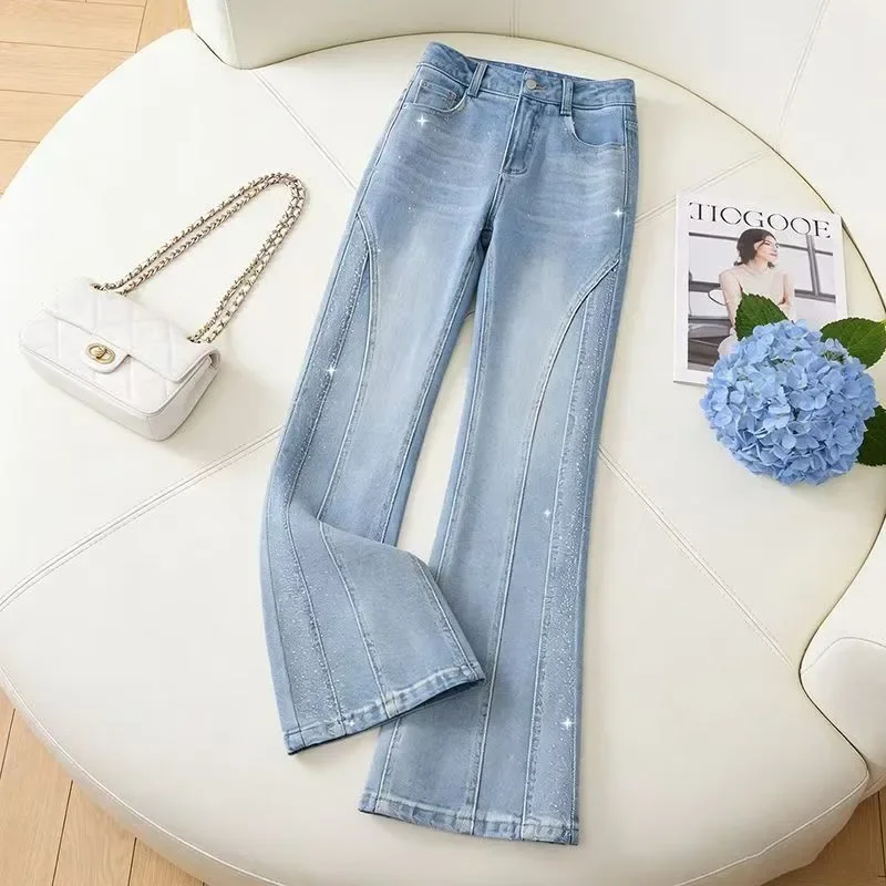 FADFAD Celana jeans wanita berkaki lebar dengan hiasan rhinestone motif kupu-kupu yang rumit