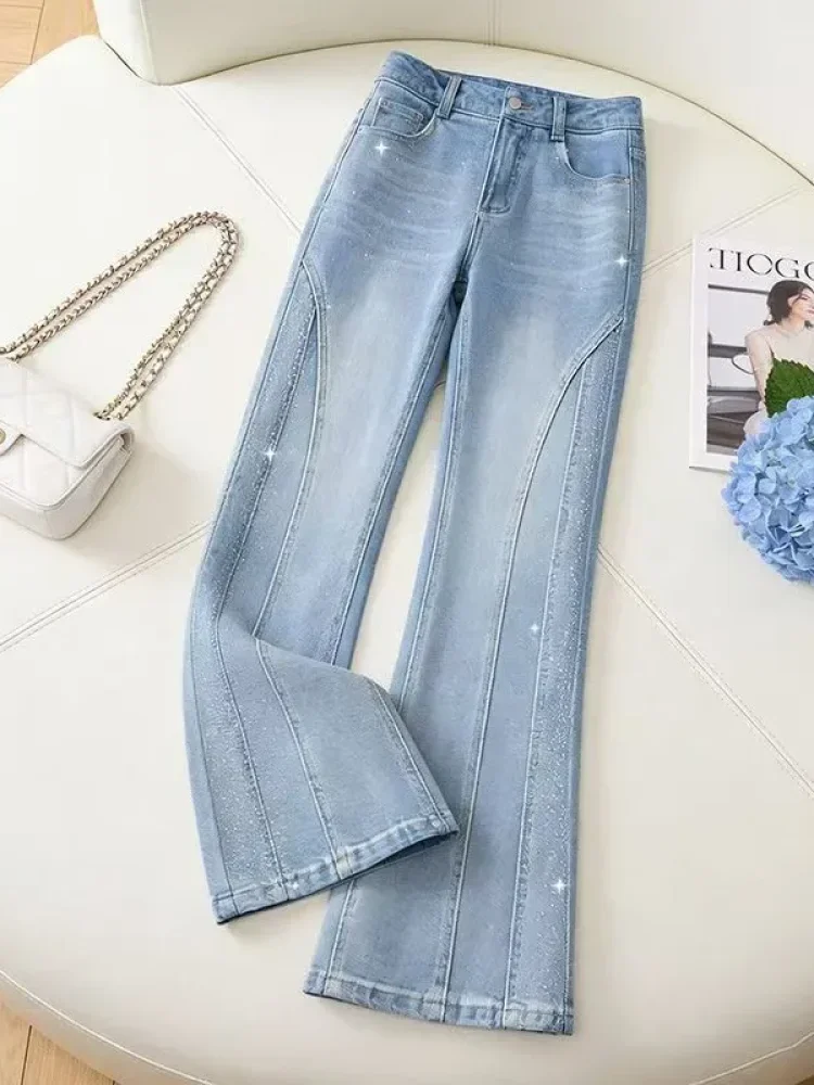 FADFAD Celana jeans wanita berkaki lebar dengan hiasan rhinestone motif kupu-kupu yang rumit