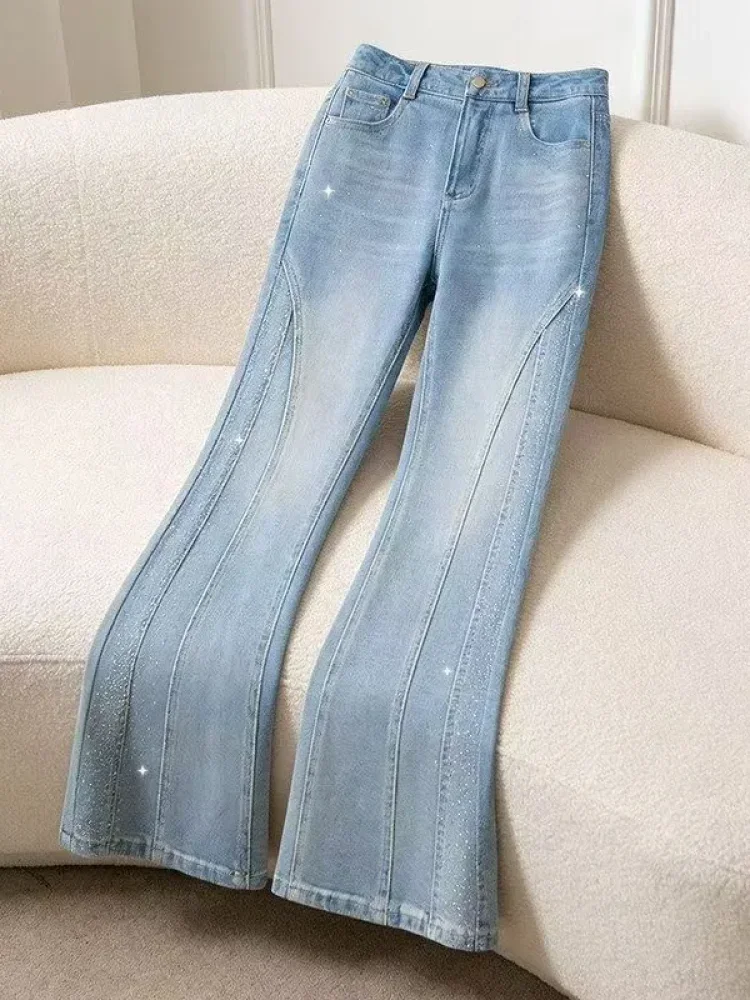 FADFAD Celana jeans wanita berkaki lebar dengan hiasan rhinestone motif kupu-kupu yang rumit