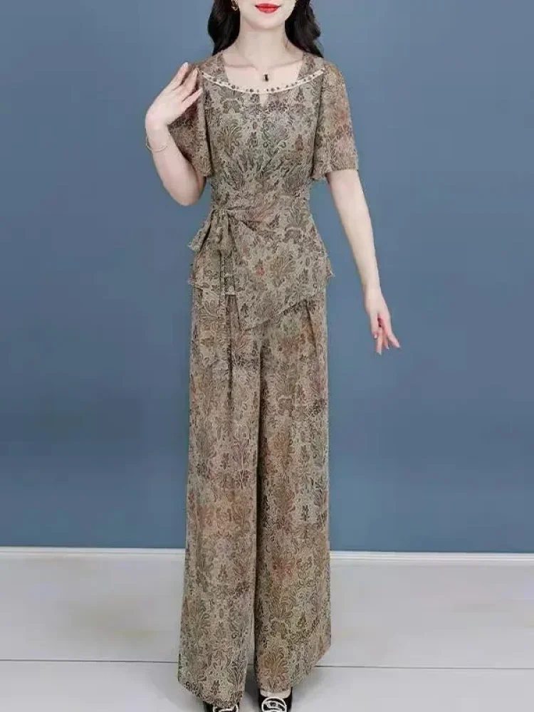 FADFAD Setelan wanita gaya retro lengan pendek + celana panjang