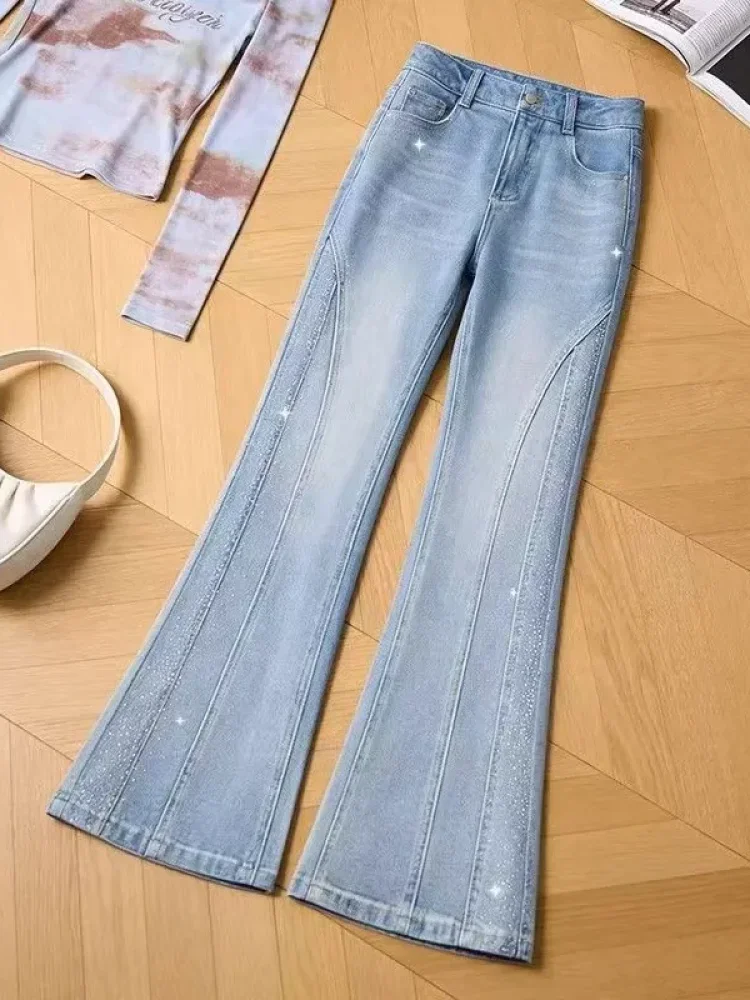 FADFAD Celana jeans wanita berkaki lebar dengan hiasan rhinestone motif kupu-kupu yang rumit