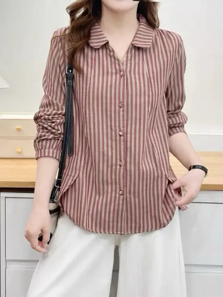 FADFAD Atasan kemeja retro mode baru pakaian wanita motif bergaris gaya kekinian
