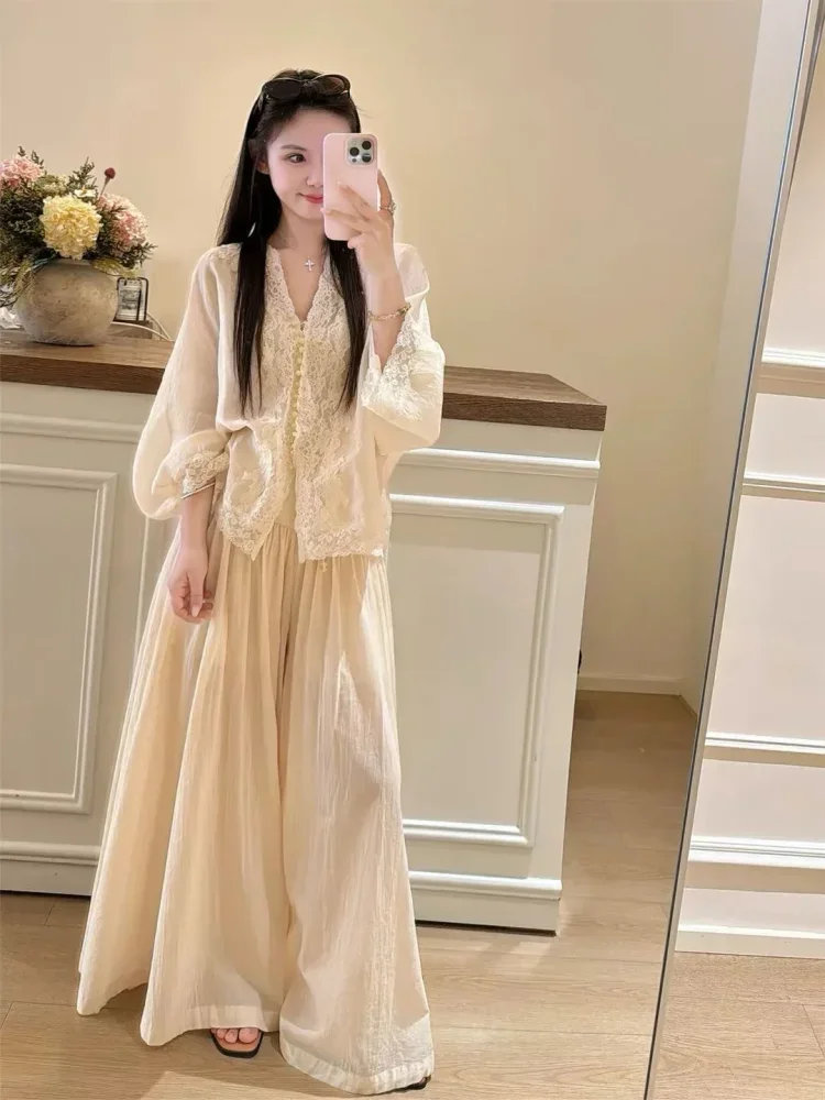 CHICMORE Setelan dua potong pakaian wanita mode baru kerah v neck warna baru bergaya kekinian korea elegan