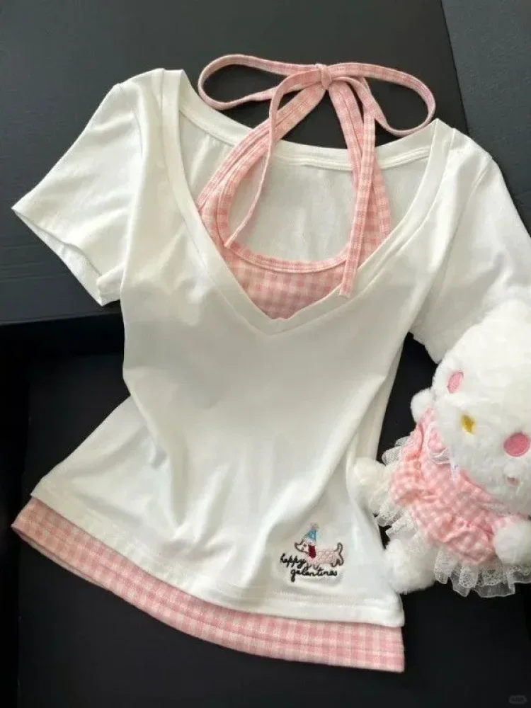 ASAYA Atasan kaos wanita lengan pendek modis gaya elegant kerah bulat