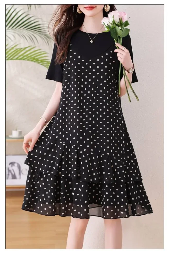ASAYA Gaun dua potong palsu motif polkadot dengan lengan pendek dan kerah bulat manis