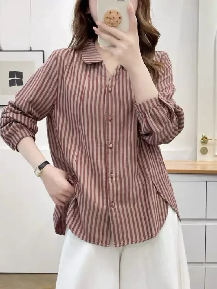 FADFAD Atasan kemeja retro mode baru pakaian wanita motif bergaris gaya kekinian