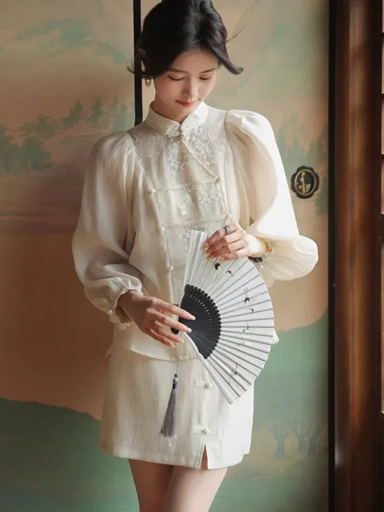 FADFAD Atasan wanita model cheongsam lengan panjang dengan motif cantik feminin