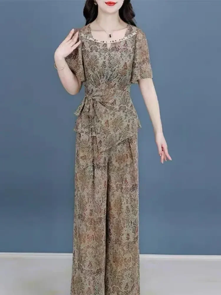 FADFAD Setelan wanita gaya retro lengan pendek + celana panjang