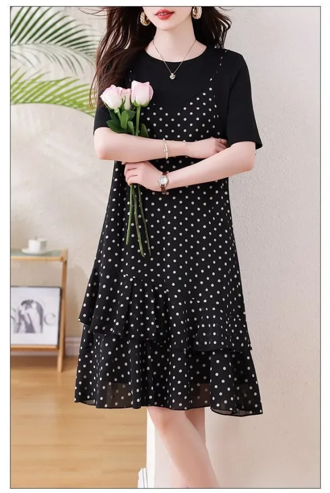 ASAYA Gaun dua potong palsu motif polkadot dengan lengan pendek dan kerah bulat manis