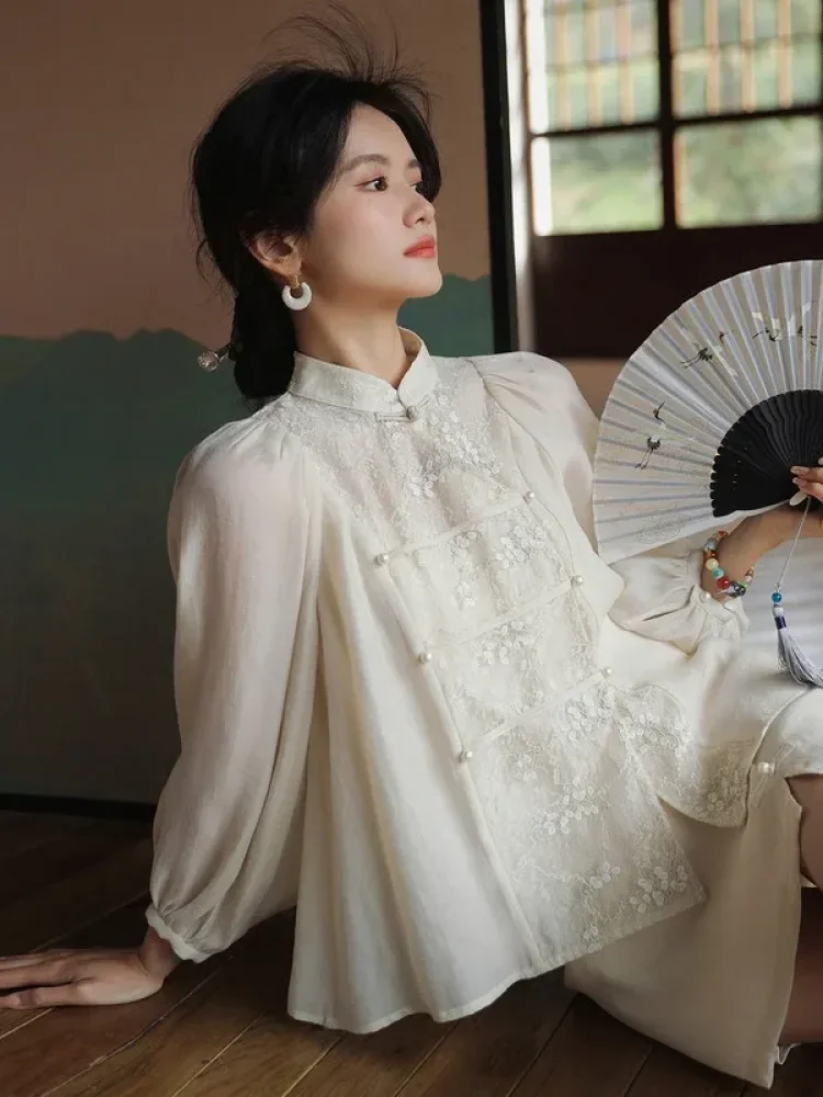 FADFAD Atasan wanita model cheongsam lengan panjang dengan motif cantik feminin