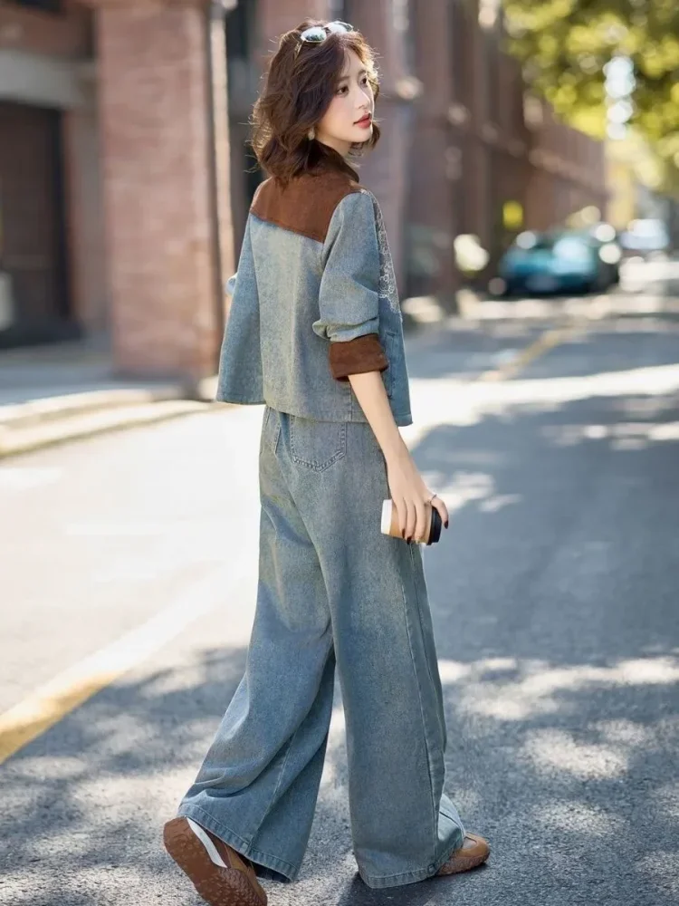 FADFAD Set rompi denim dengan panel renda dan celana berkaki lebar untuk wanita