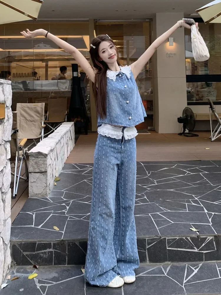 FADFAD Set rompi denim dengan panel renda dan celana berkaki lebar untuk wanita