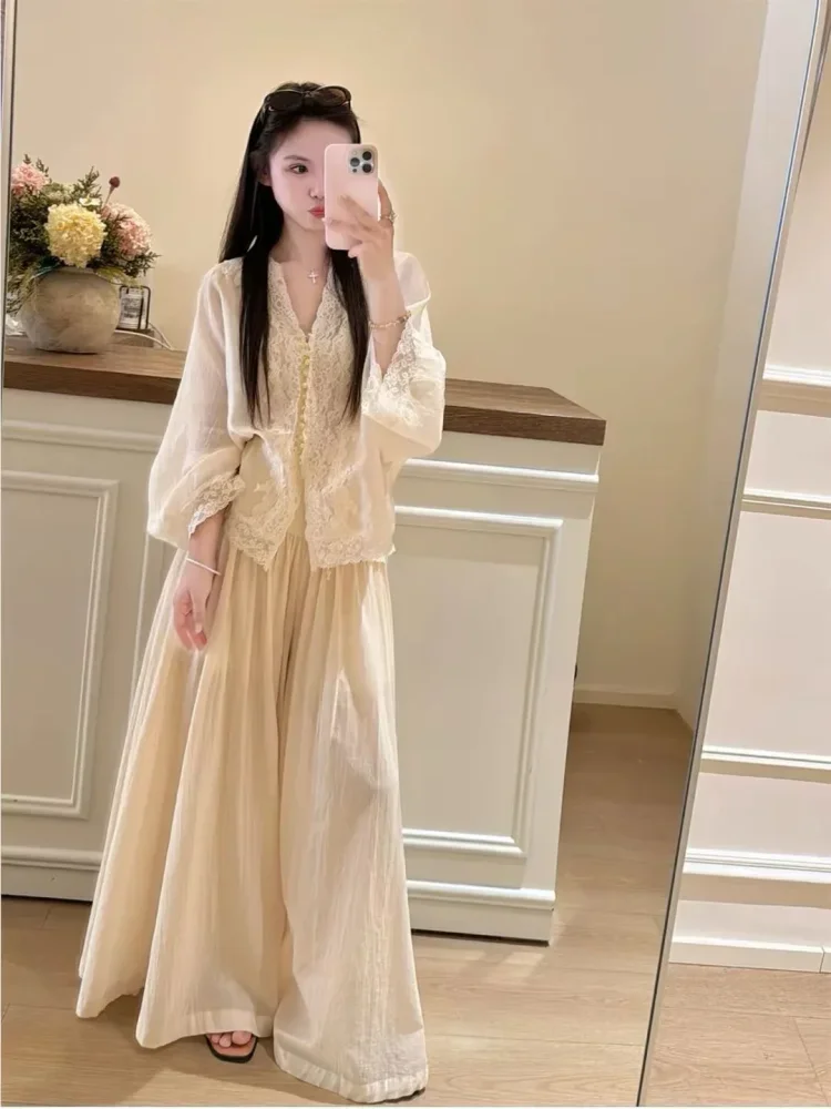 CHICMORE Setelan dua potong pakaian wanita mode baru kerah v neck warna baru bergaya kekinian korea elegan