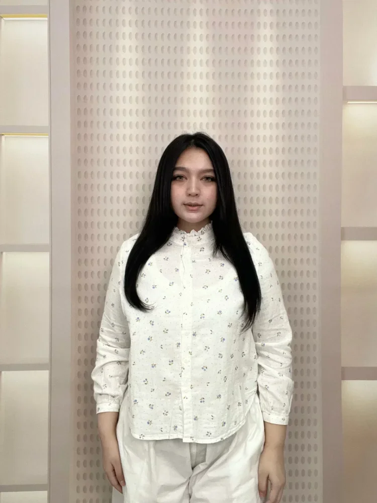 FADFAD Atasan kemeja lengan panjang motif bunga retro untuk wanita
